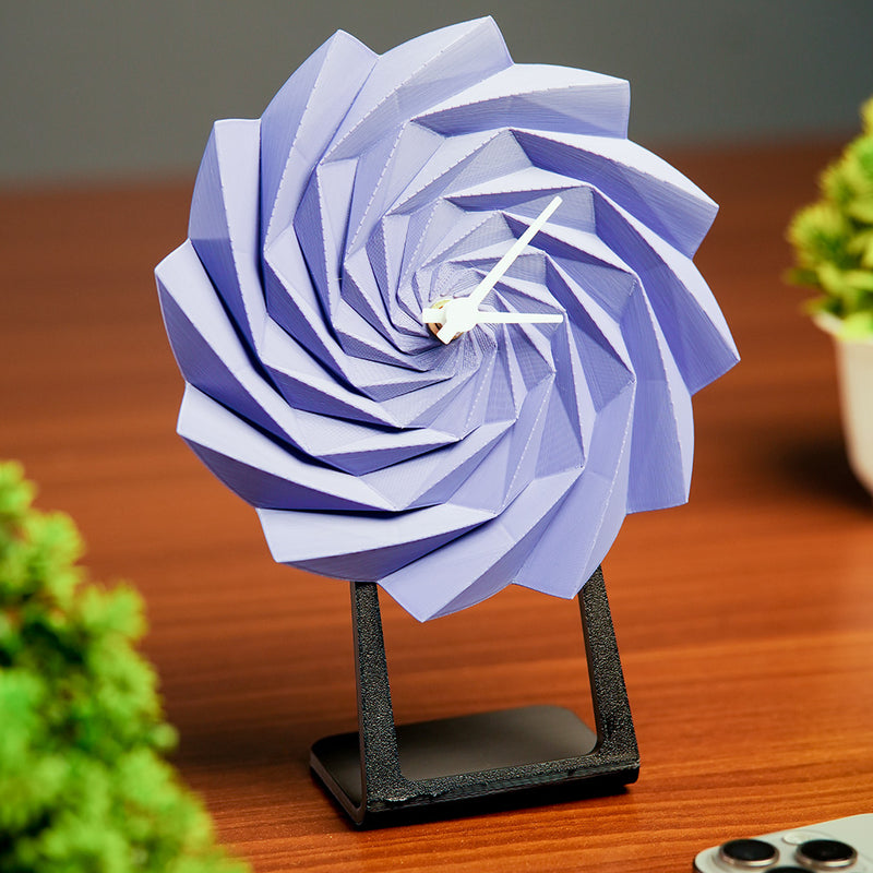 Modern minimalist desk clock with white hands on black stand